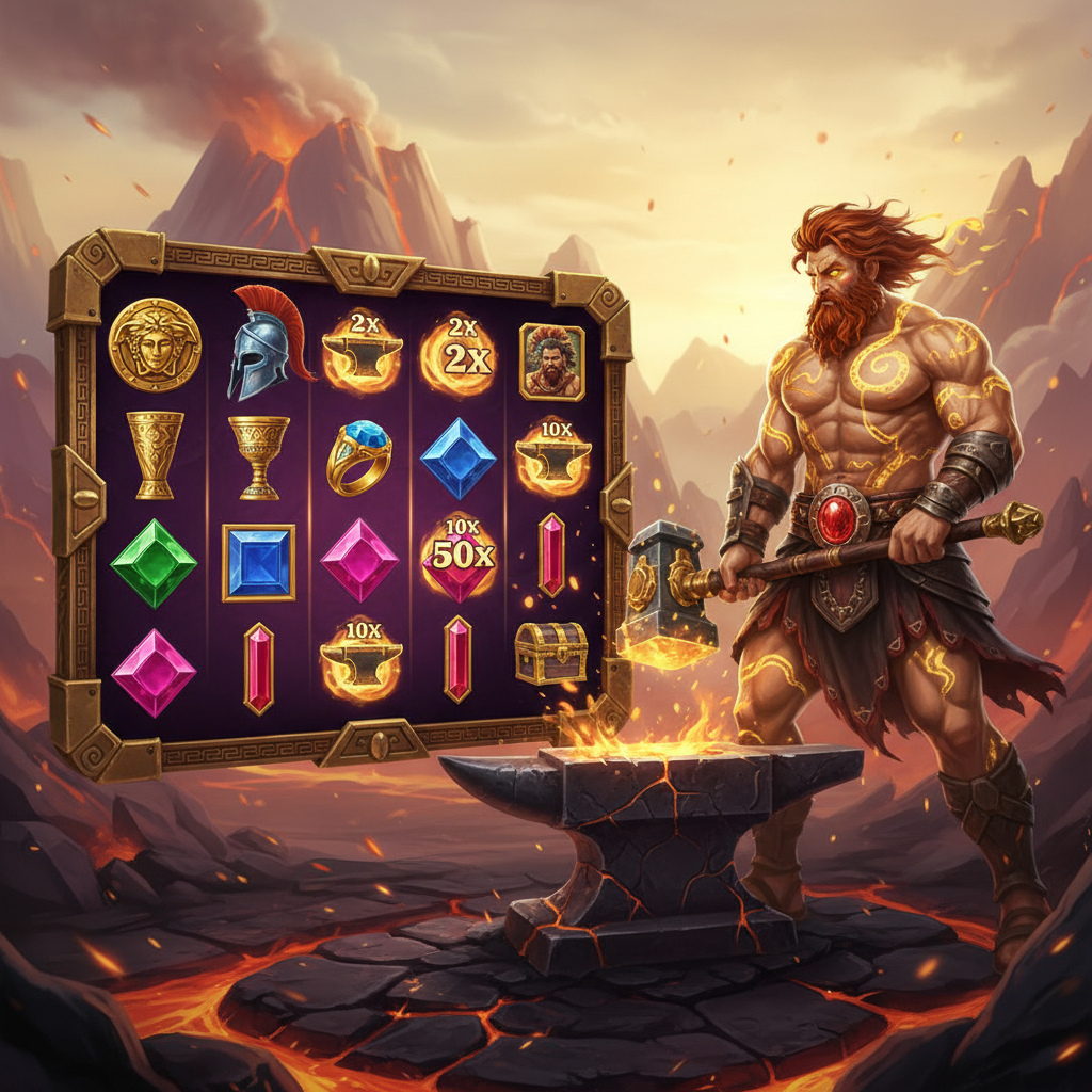 Forge of Olympus slot game featuring Hephaestus the Greek god of forge with golden rune tattoos standing at a glowing anvil, surrounded by volcanic flames and divine golden artifacts including Medusa shield and Greek helmet