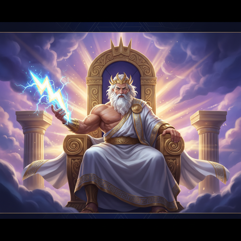 Fortune of Olympus slot - Zeus op gouden troon met bliksemschicht en kroon, omringd door Olympische wolken en gouden pilaren