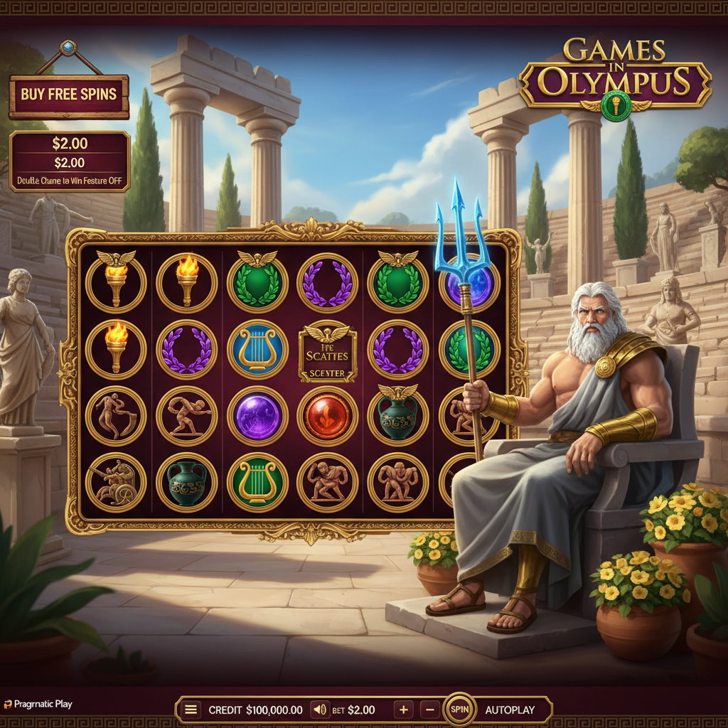 Games in Olympus slot van Pragmatic Play met Zeus op zijn troon, 6×5 speelraster met Olympic Torch, Laurel Wreath, Greek Lyre en Amphora symbolen, multiplier orbs en Scatter feature in ancient Greek amphitheater setting