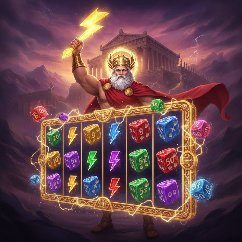Gates of Olympus 1000 Dice slot game: Zeus god character met gouden kroon en rode cape, Olympus tempel achtergrond met paarse zonsondergang, 6x5 grid met bliksemschicht symbolen (blauw, groen, paars, rood) en dobbelstenen (1-6 dots), gouden sierlijke frame, veelkleurige multiplier edelstenen dobbelstenen