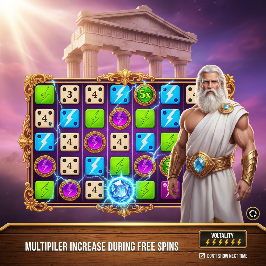 Gates of Olympus Dice slot game featuring Zeus in white toga with golden armor, ancient Greek temple with marble columns, glowing multiplier symbols, golden dice with black pips, and electric blue lightning effects on purple mystical background