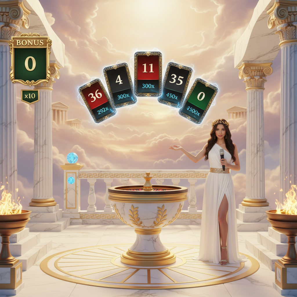 Gates of Olympus Roulette live studio met Zeus thema, witte marmeren zuilen, gouden roulettewiel op Mount Olympus met wolken achtergrond en Griekse tempel decoraties