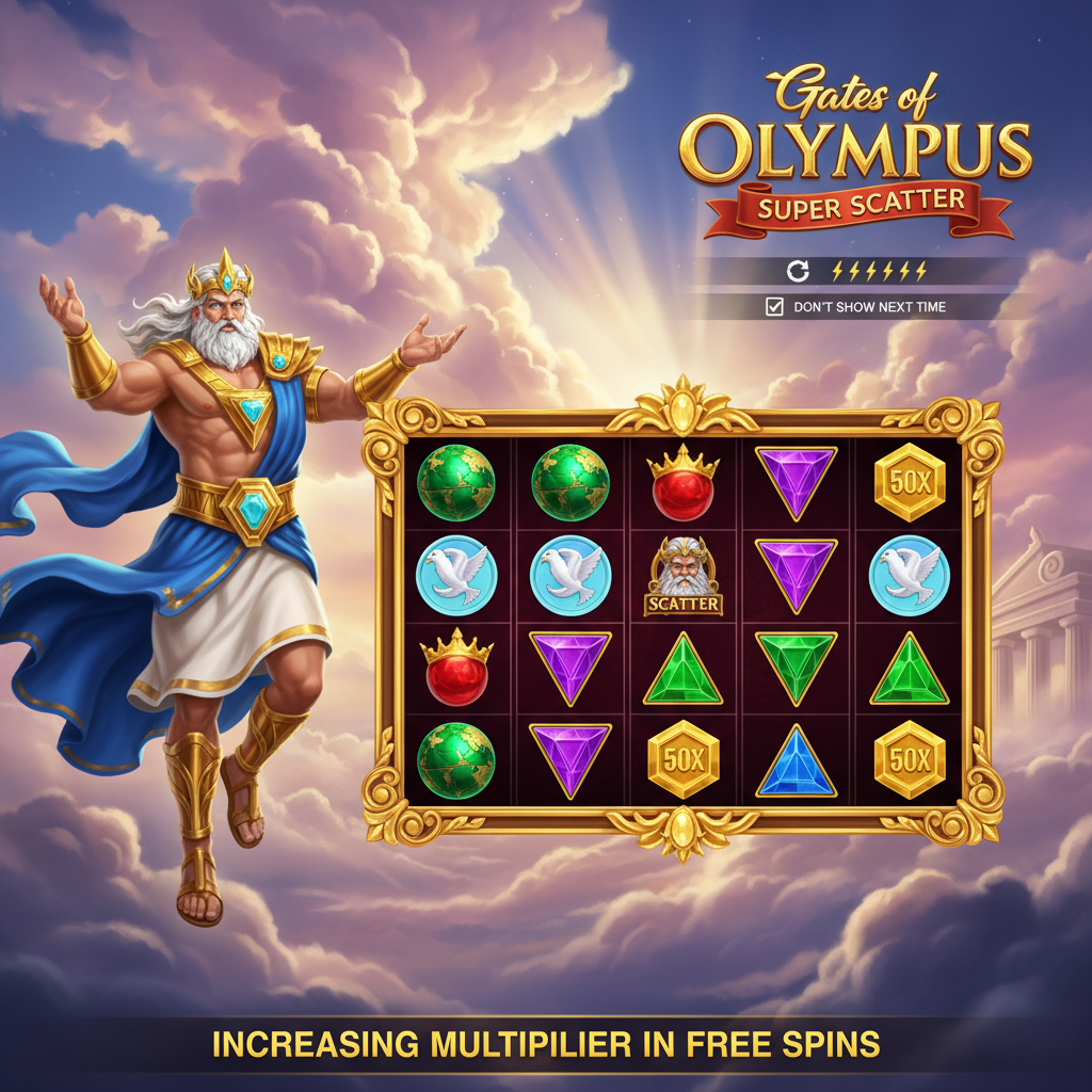 Gates of Olympus SUPER SCATTER slot game met Zeus in gouden pantser zwevend op wolken, 6x5 speelveld met edelstenen munten en SCATTER symbolen in goddelijke hemel met roze en paarse wolken