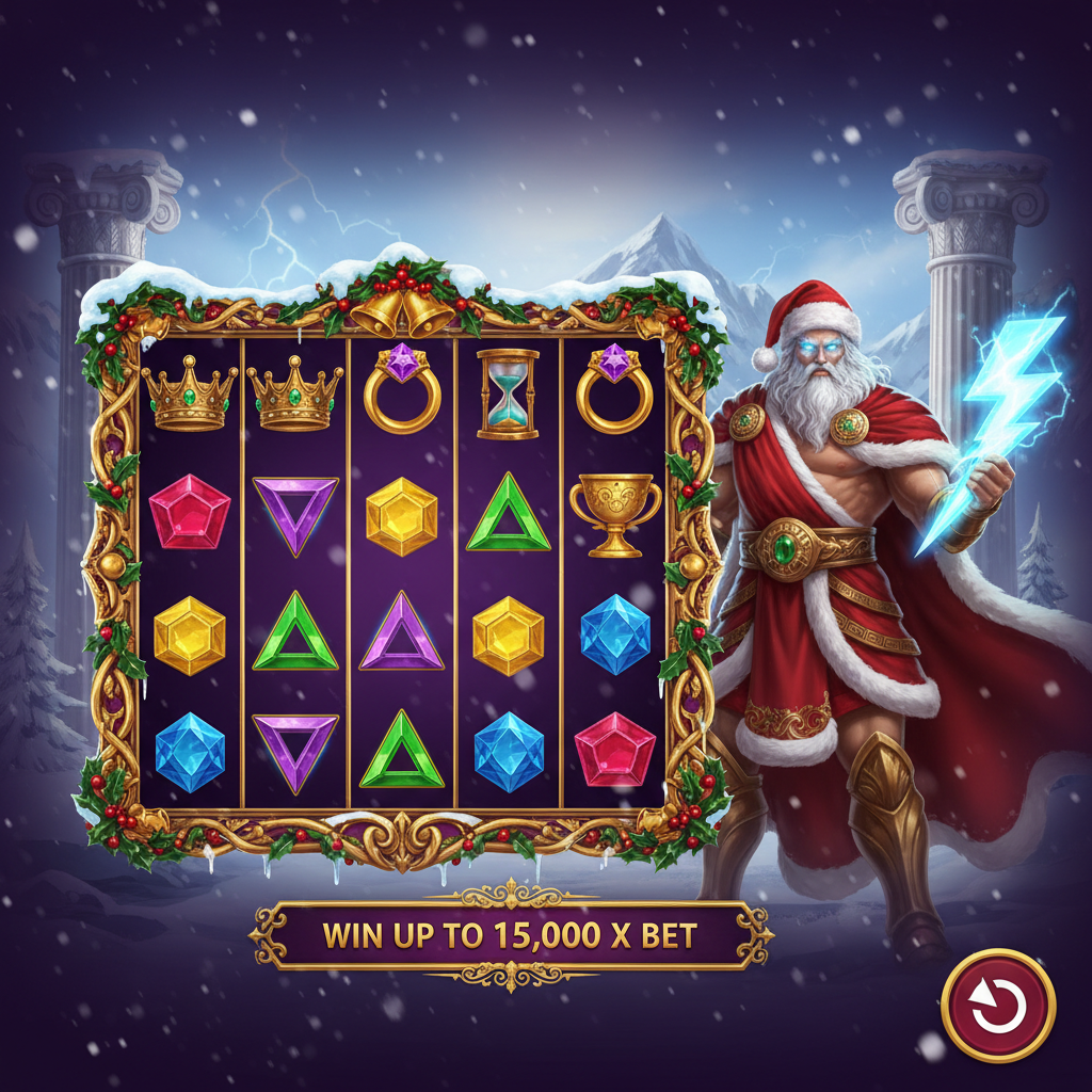 Gates of Olympus X-Mas 1000 slot met Zeus in kerstmanoutfit met bliksemschicht voor besneeuwd Grieks tempel, gouden frame met kerstsymbolen en 6x5 cluster grid
