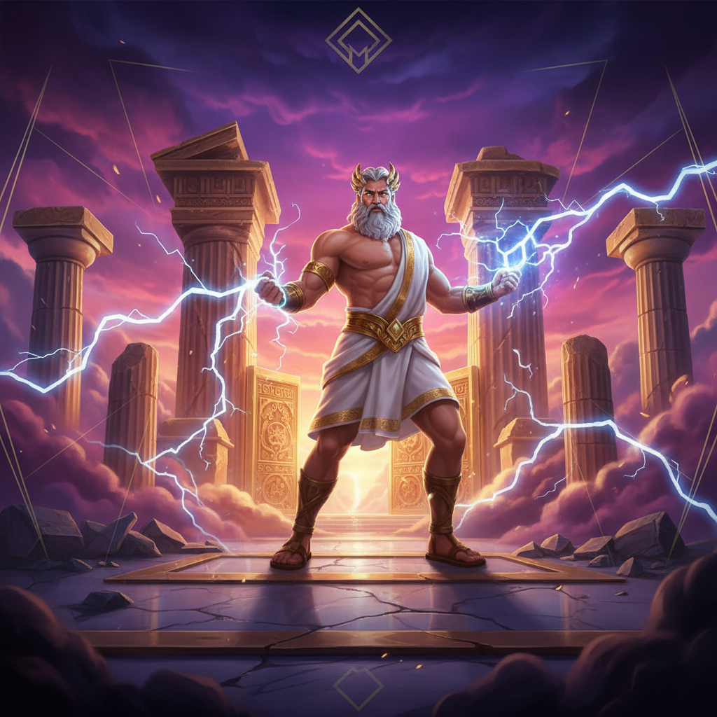 Gates of Olympus slot met Zeus god omringd door paarse zonsondergangwolken, gouden Griekse tempels en kolommen, met bliksemschichten en mystieke sfeer van Mount Olympus