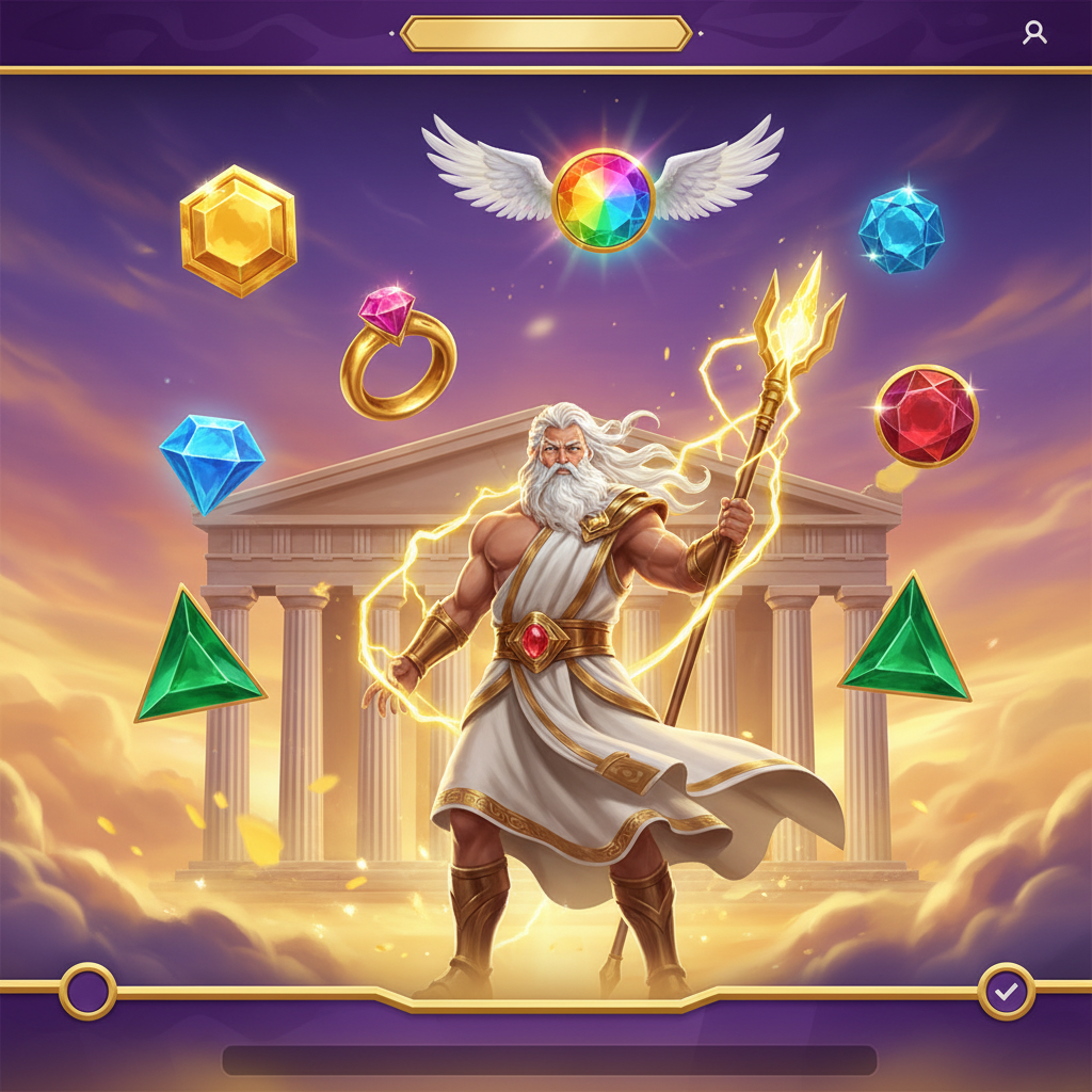 Gates of Olympus 1000 slot game met Zeus voor gouden Griekse tempel met marmeren zuilen, goddelijke bliksemschichten, mythologische edelstenen scatter symbolen op paarse hemelachtergrond, multiplier orbs met gouden vleugels
