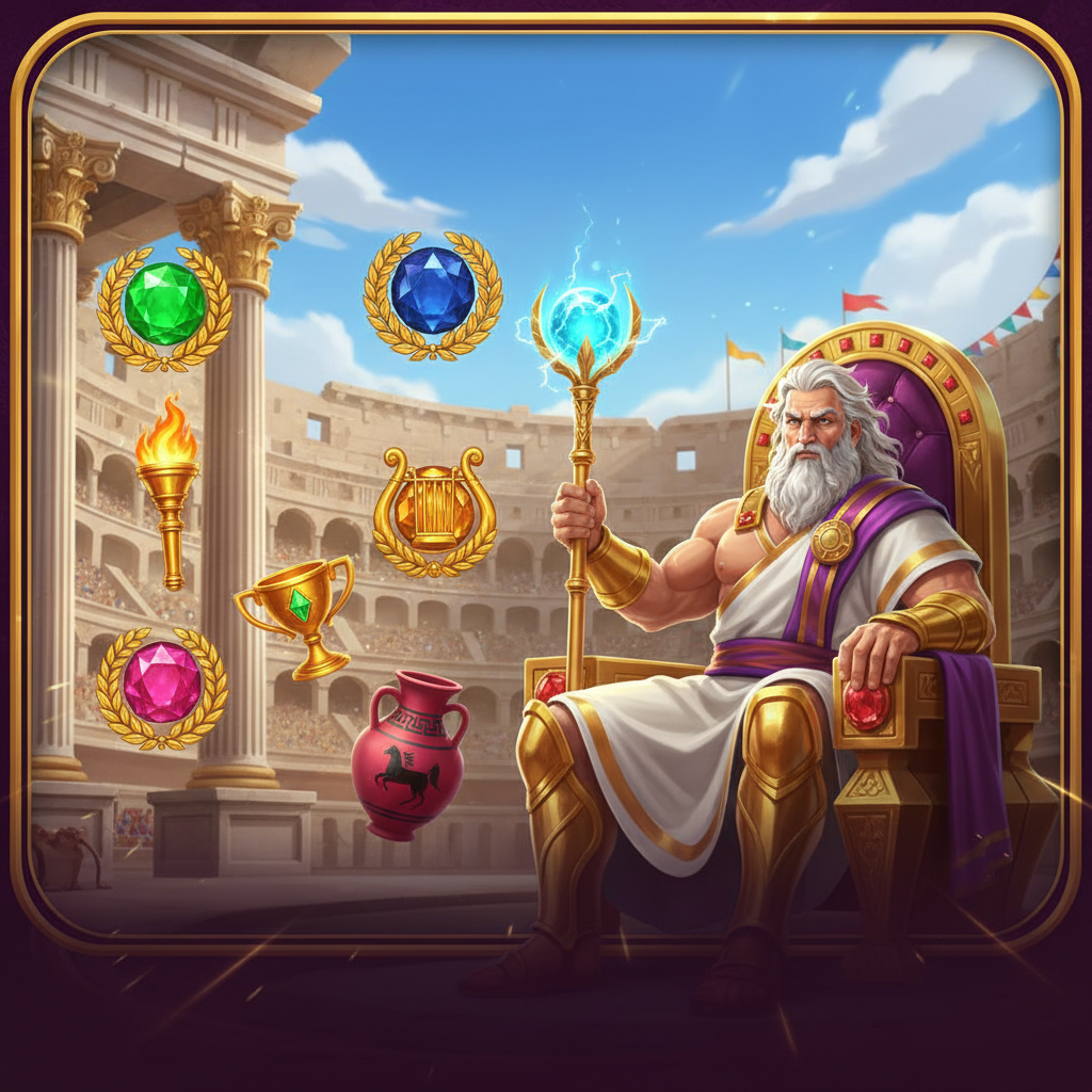 Games in Olympus 1000 slot met Zeus op gouden troon in Romeins colosseum, omringd door gouden multiplier edelstenen en olympische symbolen inclusief fakkel en trofee