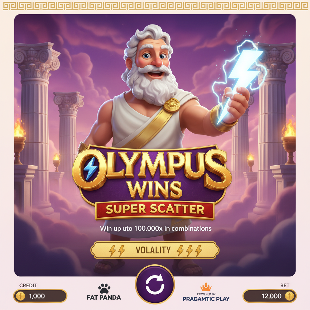 Olympus Wins Super Scatter slot met Zeus die een bliksemschicht vasthoudt voor een Grieks tempelcolonnade met paarse wolkenlucht, gouden kroon en edelstenen symbolen