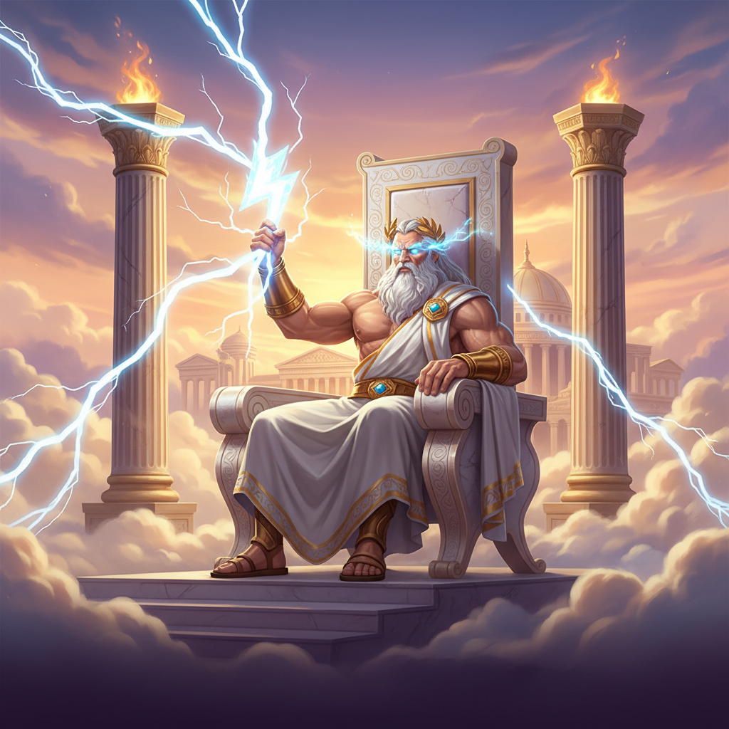 Gates of Olympus Pachi slot game - Zeus met gloeiende blauwe ogen op zijn troon, gouden zuilen, bliksemschichten en hemelse wolken van Mount Olympus